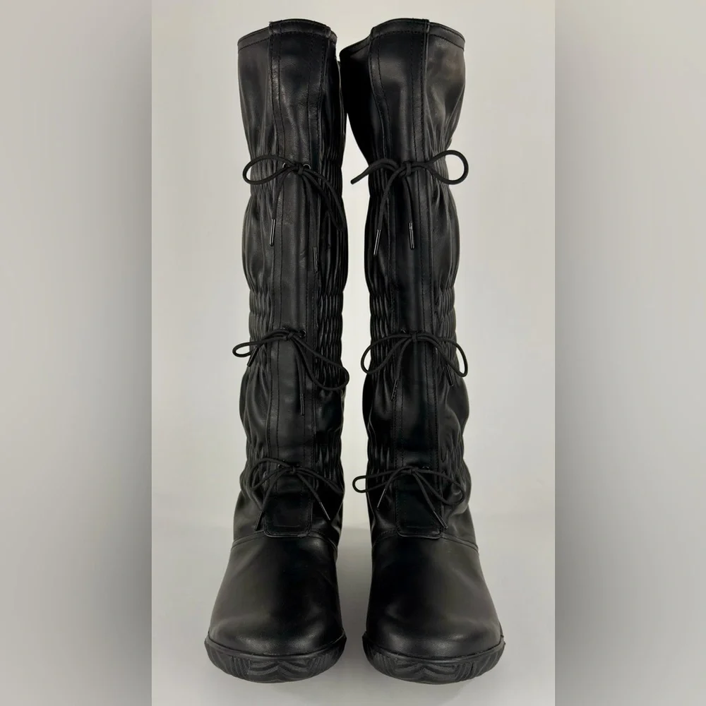 SOREL Firenzy Knee High Black Leather Boots 8 Plaid Wool Lined Slouchy Winter